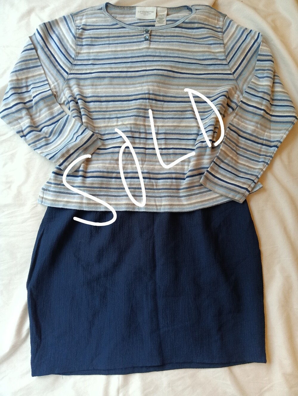 liz claiborne petite striped knit long sleeve top blue gray soft minimalist